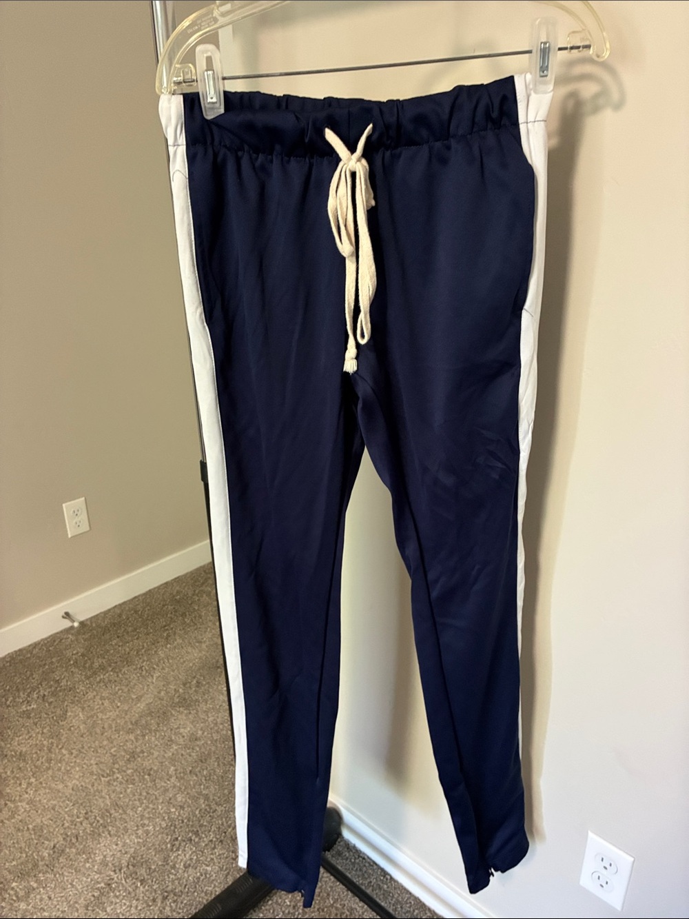 Fashion Nova Men's Navy Track Pants with White Side Stripes